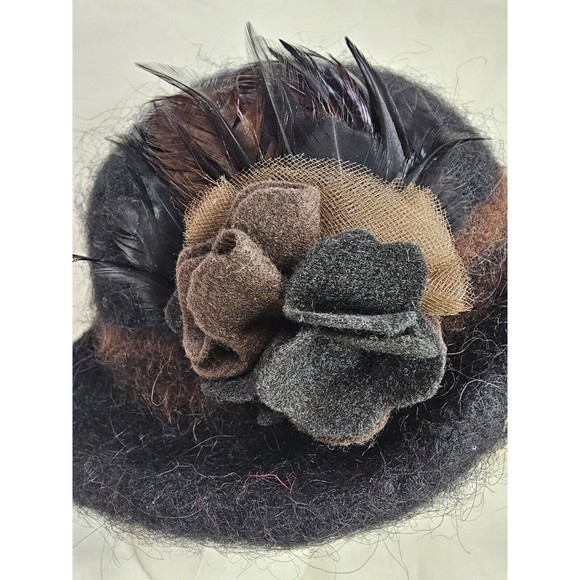 HAND-FELTED WOOL CLOCHE HAT with Feathers Wool Flower made in USA by Hat Hautees - Picture 2 of 10